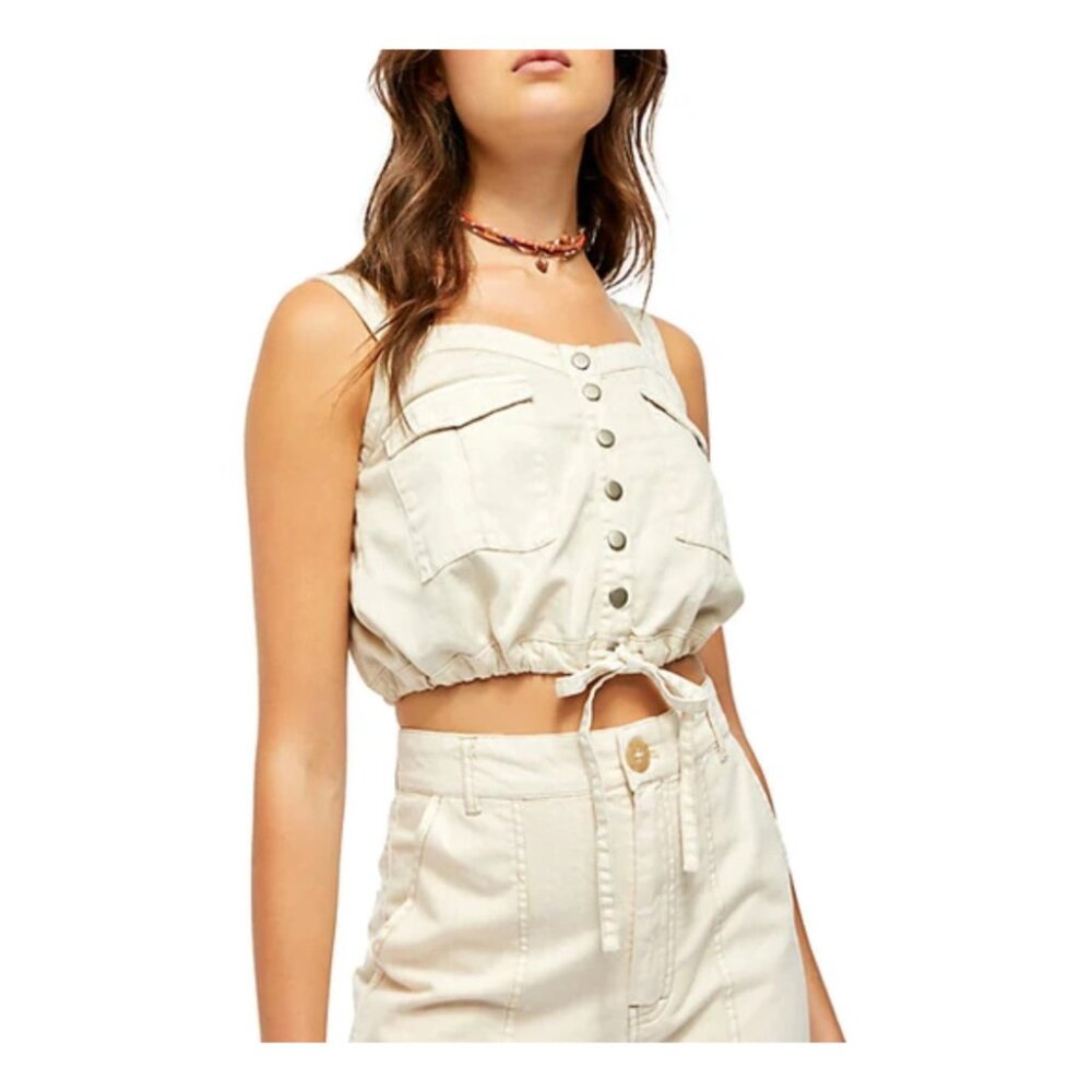 We the Free Palm Desert Denim Drawstring Crop Top size Medium Casual Adjustable